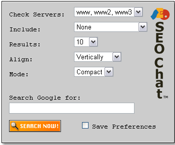 SEO Chat tool called Google Dance screenshot to find Google server switches. 