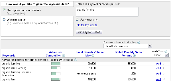 Screenshot of viewing keyword research with keyword competition, search volume, and sample keyword lists. 